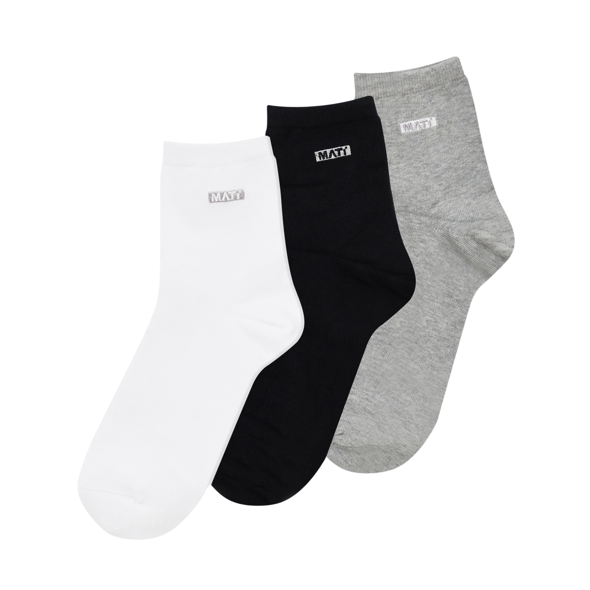 MATT apparel three ankle socks, one white, one black, and one light grey, each with a prominent silver MATT logo on the cuff, arranged diagonally