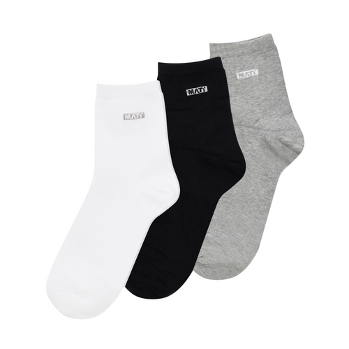 MATT apparel three ankle socks, one white, one black, and one light grey, each with a prominent silver MATT logo on the cuff, arranged diagonally